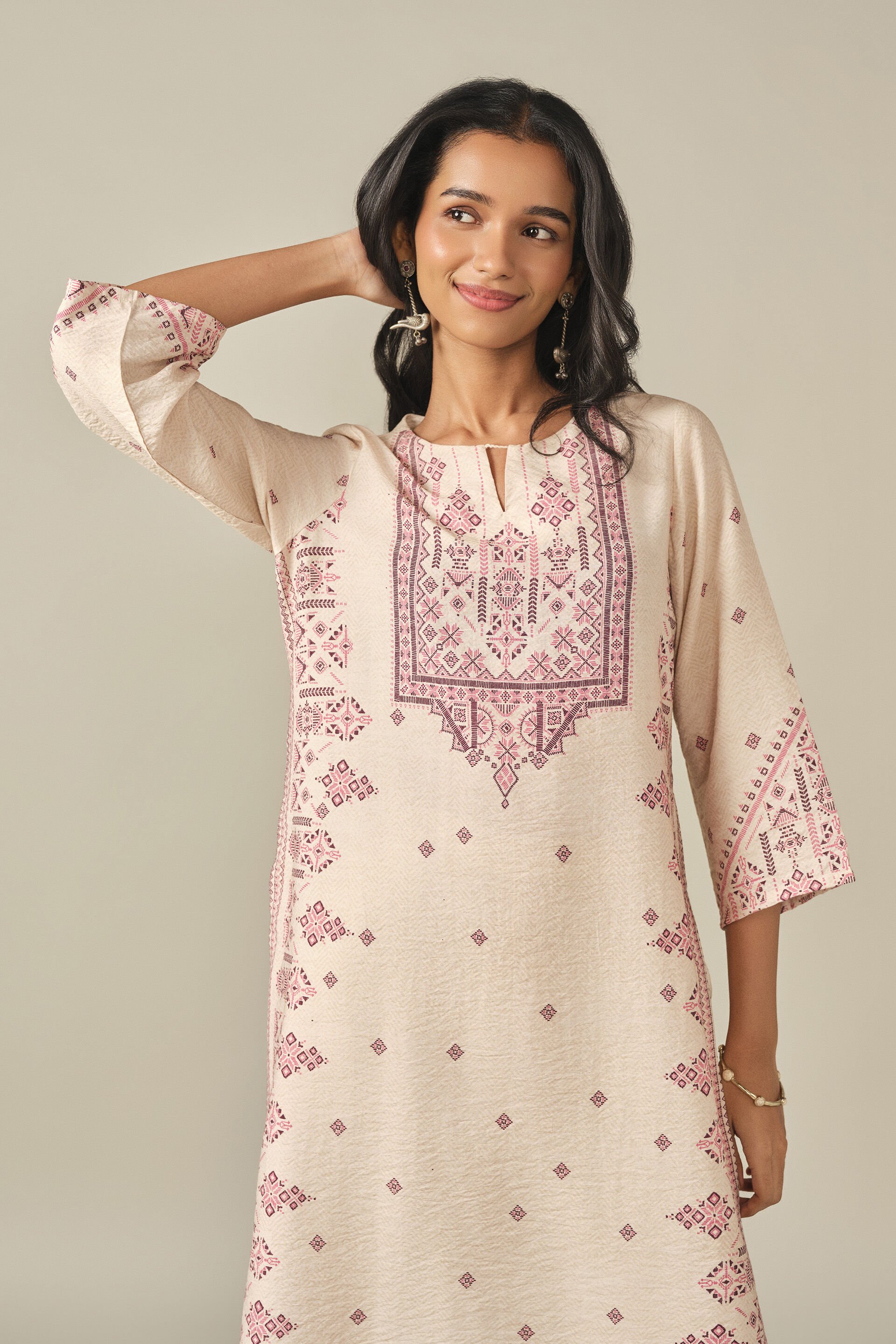 Printed Kurta in Beige, Beige, image 3